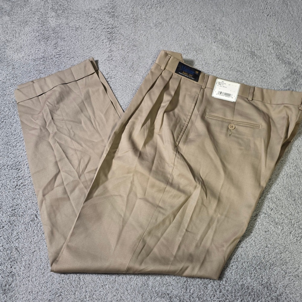 Austin Reed Mens 36x32 Dress Pants Tan Marlane Super 100 Wool Pleated Cuffed